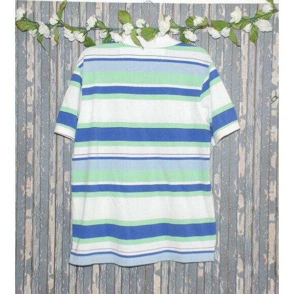 Chaps Mens Short Sleeve Polo Shirt Size L White Blue & Green Striped Preppy Golf - Picture 5 of 7